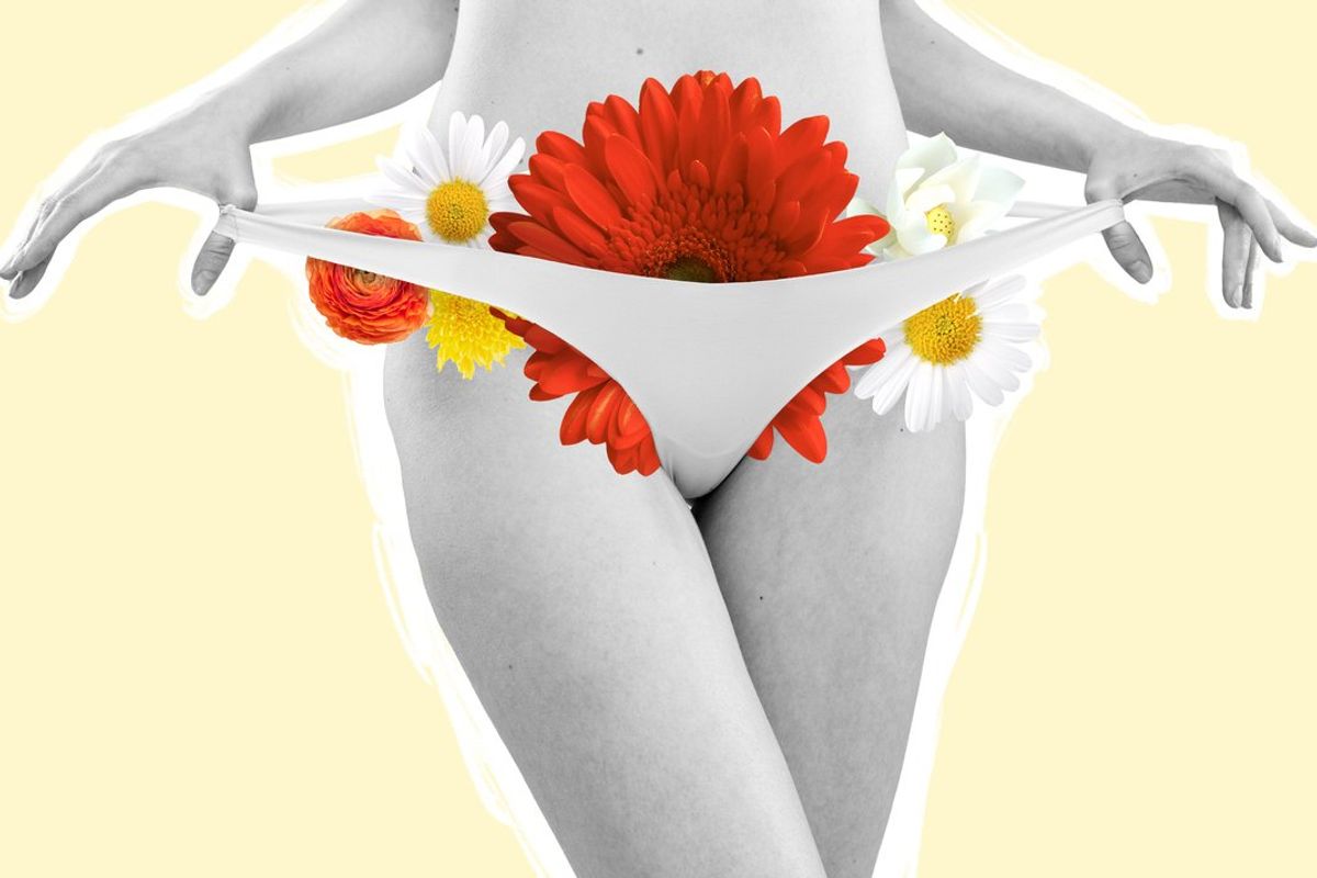 Cropped image of female body and flowers isolated on yellow background