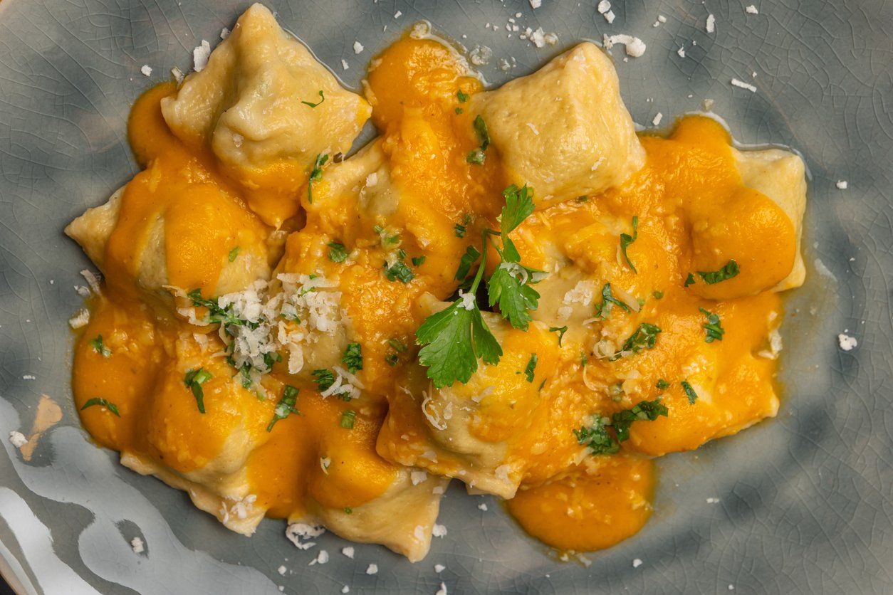 Sweet Potato, Basil and Chicken Ravioli in Curried Sauce