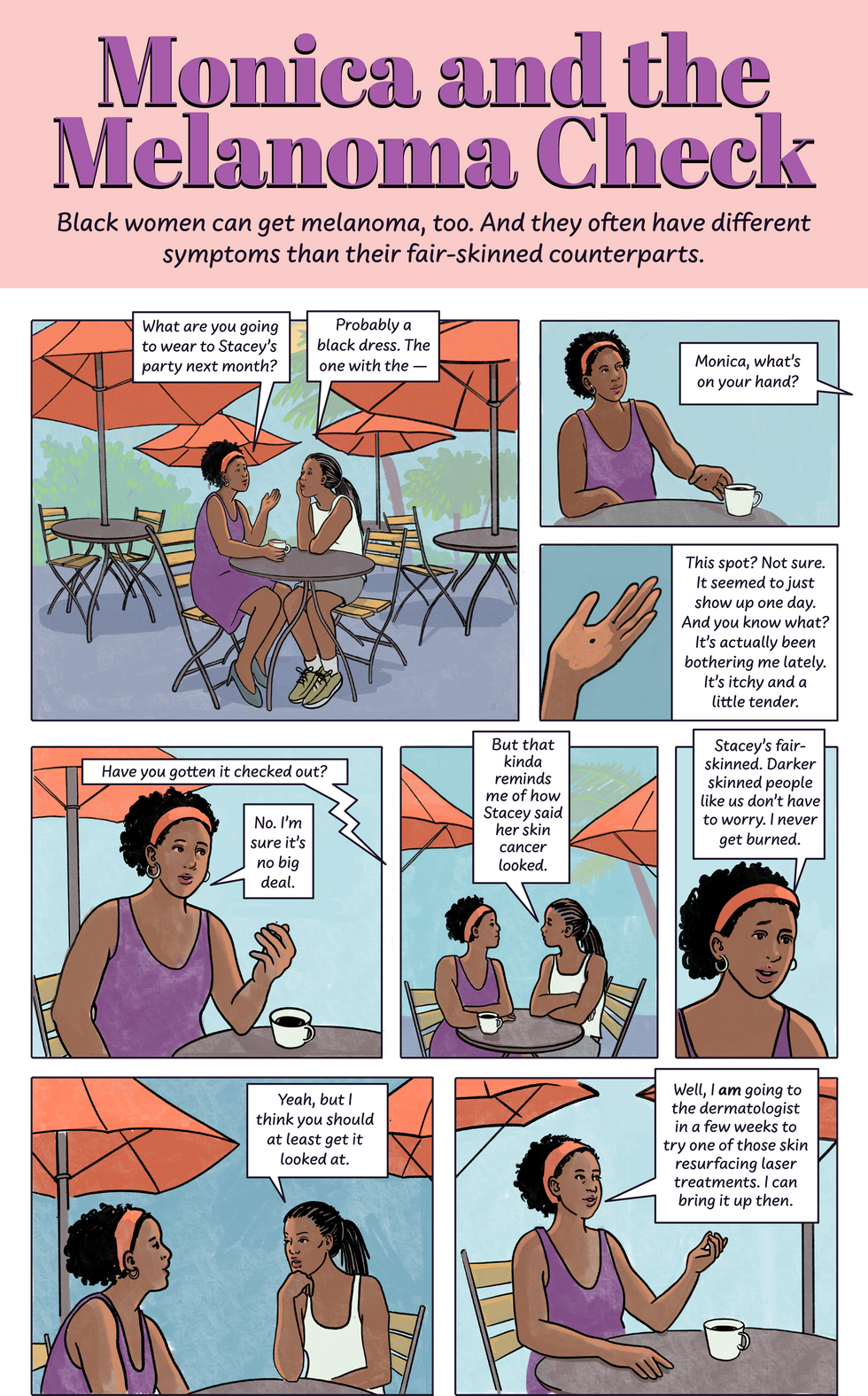 Monica and the Melanoma Check comic. Click to view PDF