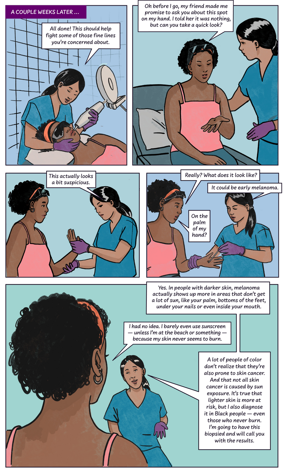 Monica and the Melanoma Check comic. Click to view PDF